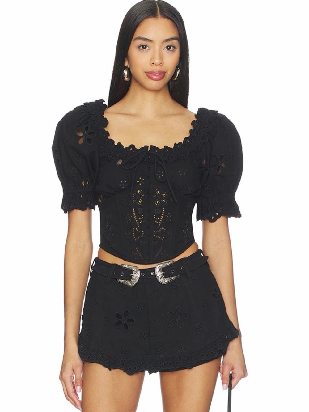 For Love and Lemons - Yasmin Black Eyelet Puff Sleeve Corset Top - Small